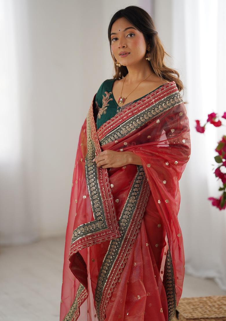 Red Sequin Work Silk Saree Set - Indya