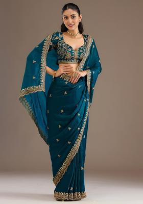 Teal Blue Zari Work Tissue Saree Set