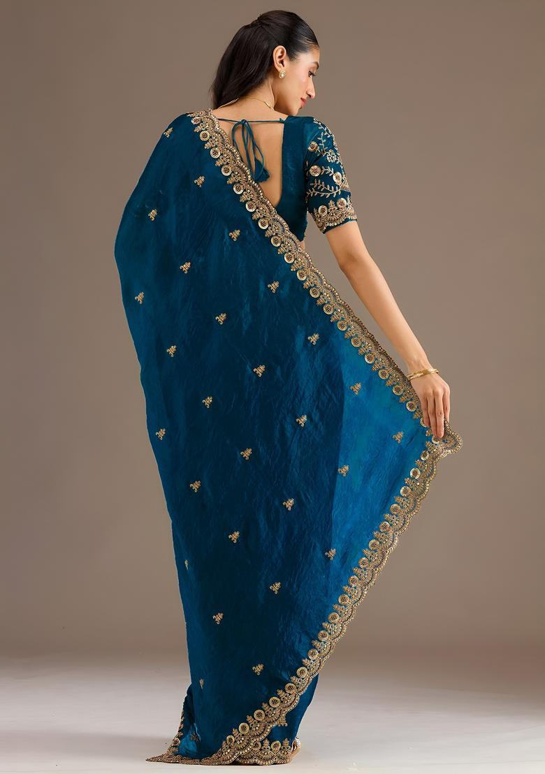 Teal Blue Zari Work Tissue Saree Set - Indya