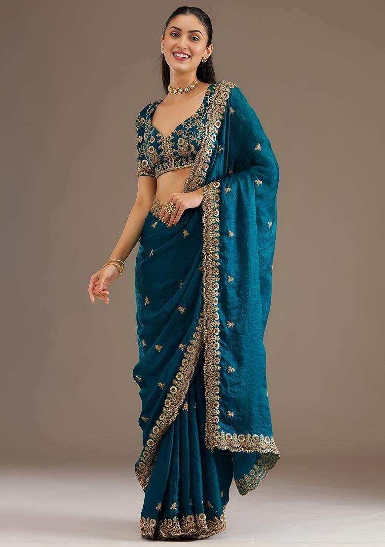 Teal Blue Zari Work Tissue Saree Set - Indya
