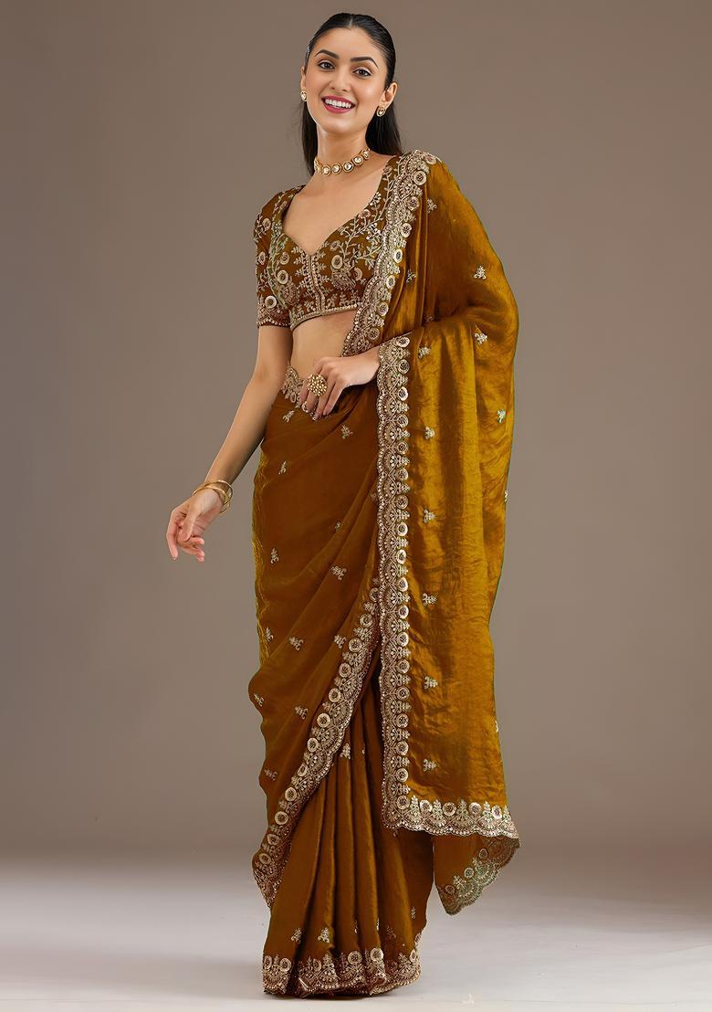 Golden Zari Work Tissue Saree Set - Indya