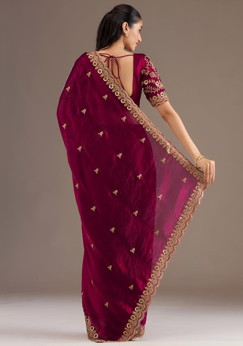Maroon Zari Work Tissue Saree Set - Indya