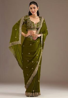 Olive Zari Work Tissue Saree Set