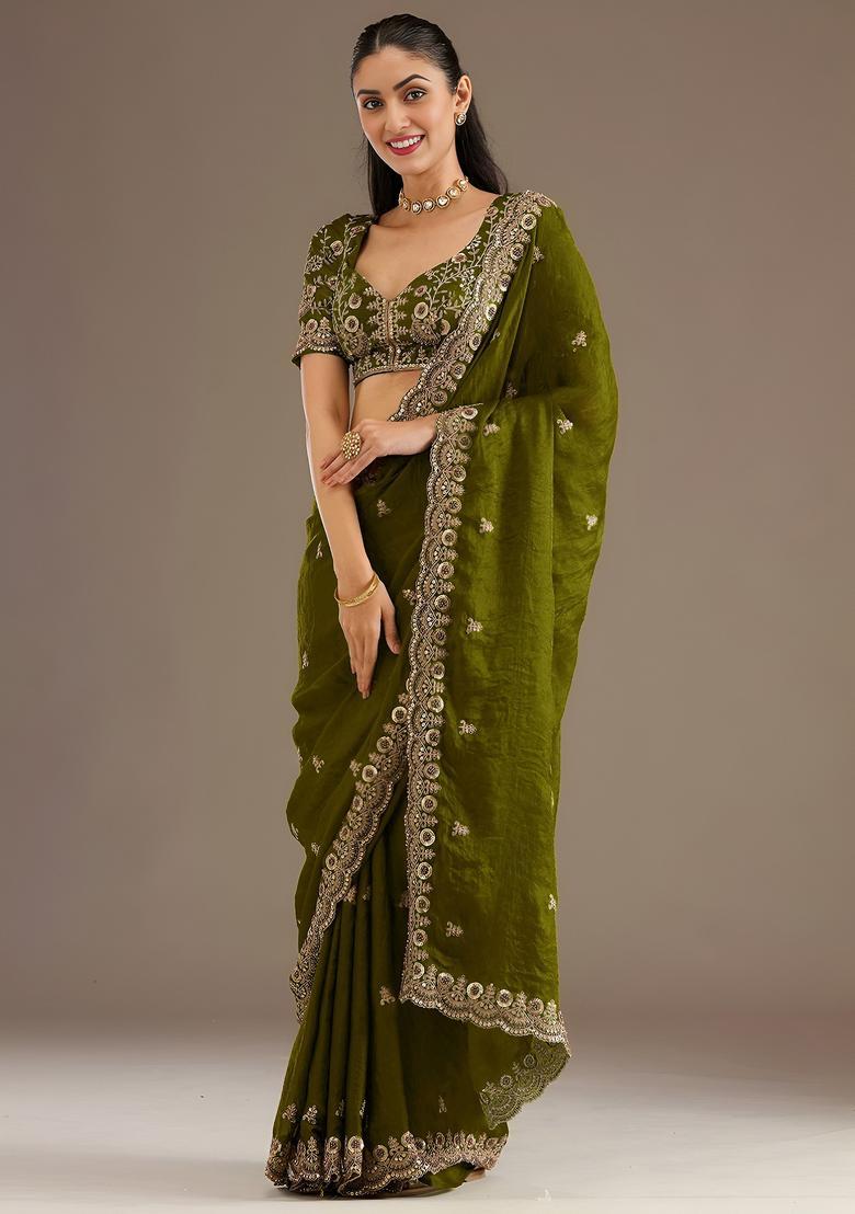 Olive Zari Work Tissue Saree Set - Indya