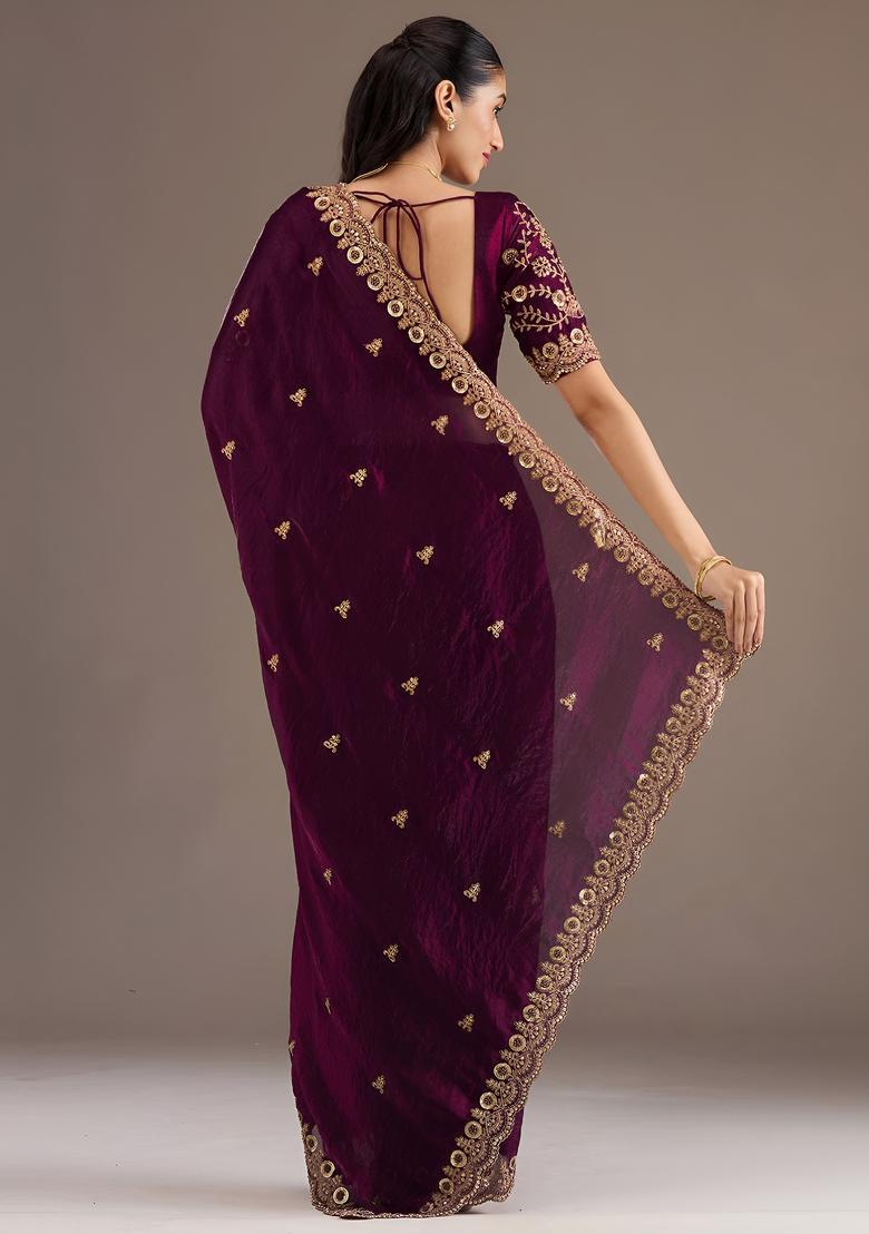 Wine Zari Work Tissue Saree Set - Indya
