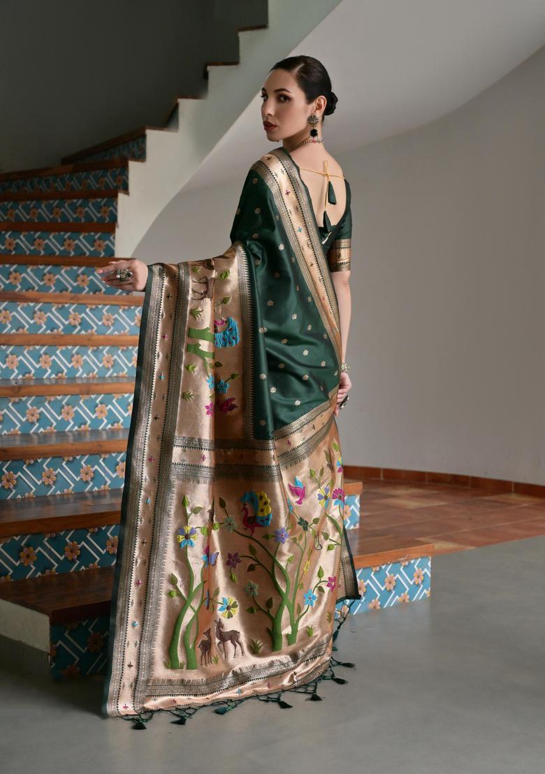 Green Zari Work Silk Saree Set - Indya