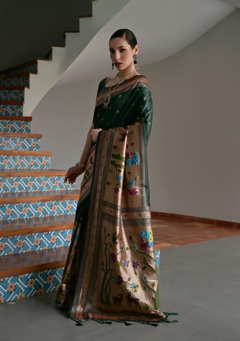 Green Zari Work Silk Saree Set - Indya