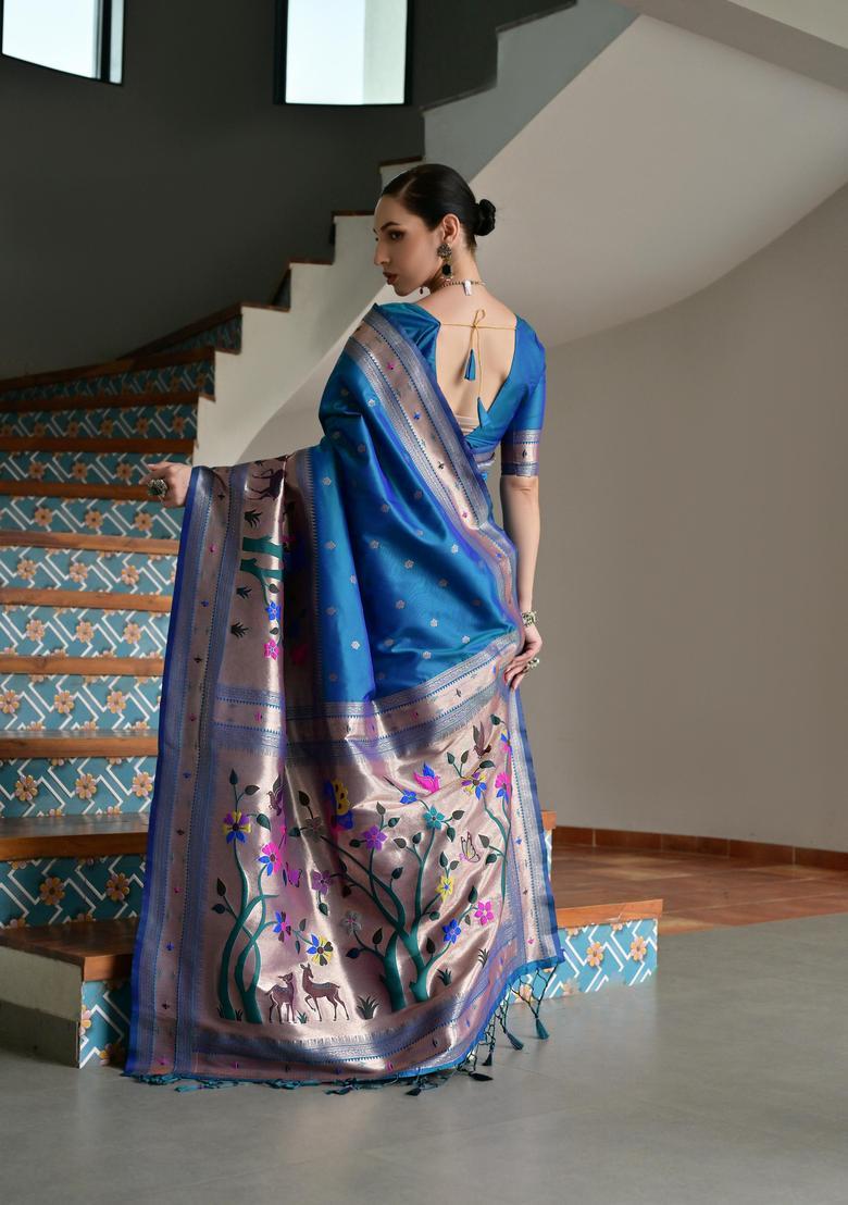 Blue Zari Work Silk Saree Set - Indya