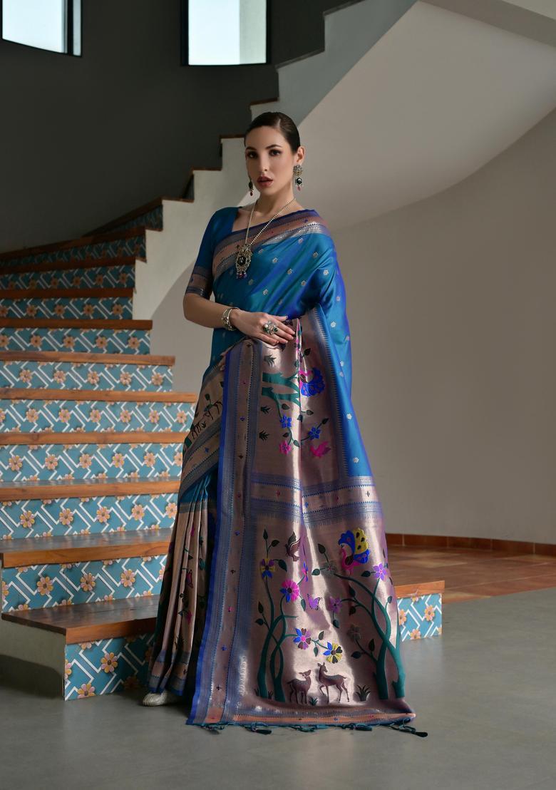 Blue Zari Work Silk Saree Set - Indya