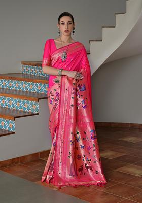 Pink Zari Work Silk Saree Set