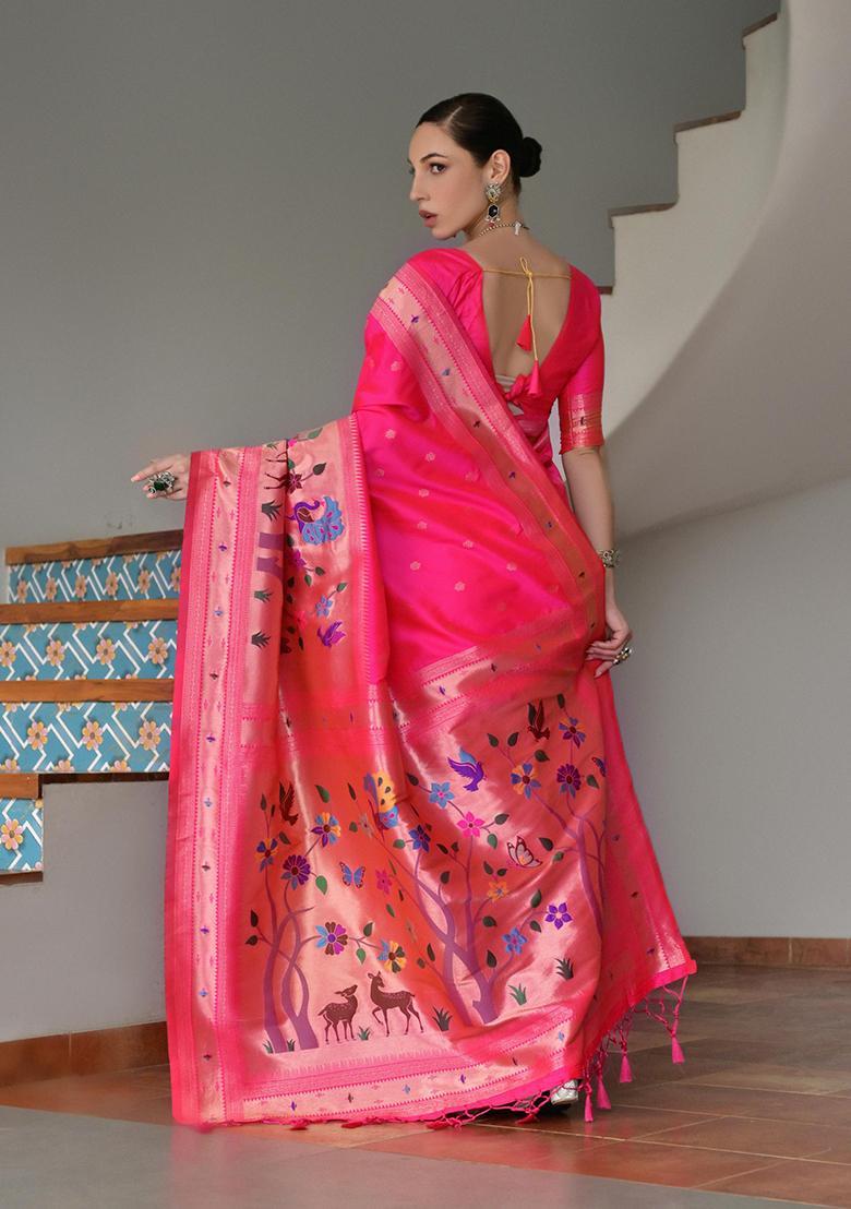 Pink Zari Work Silk Saree Set - Indya