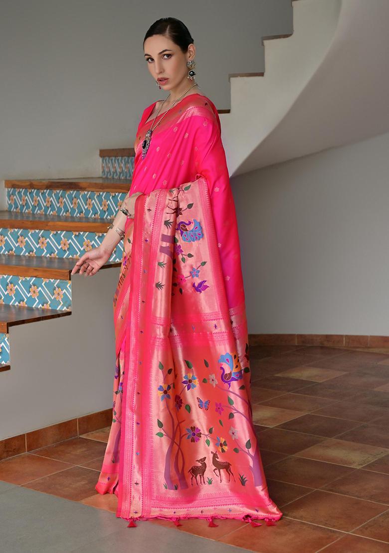 Pink Zari Work Silk Saree Set - Indya