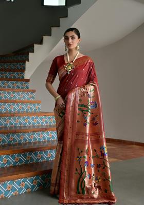 Brown Zari Work Silk Saree Set