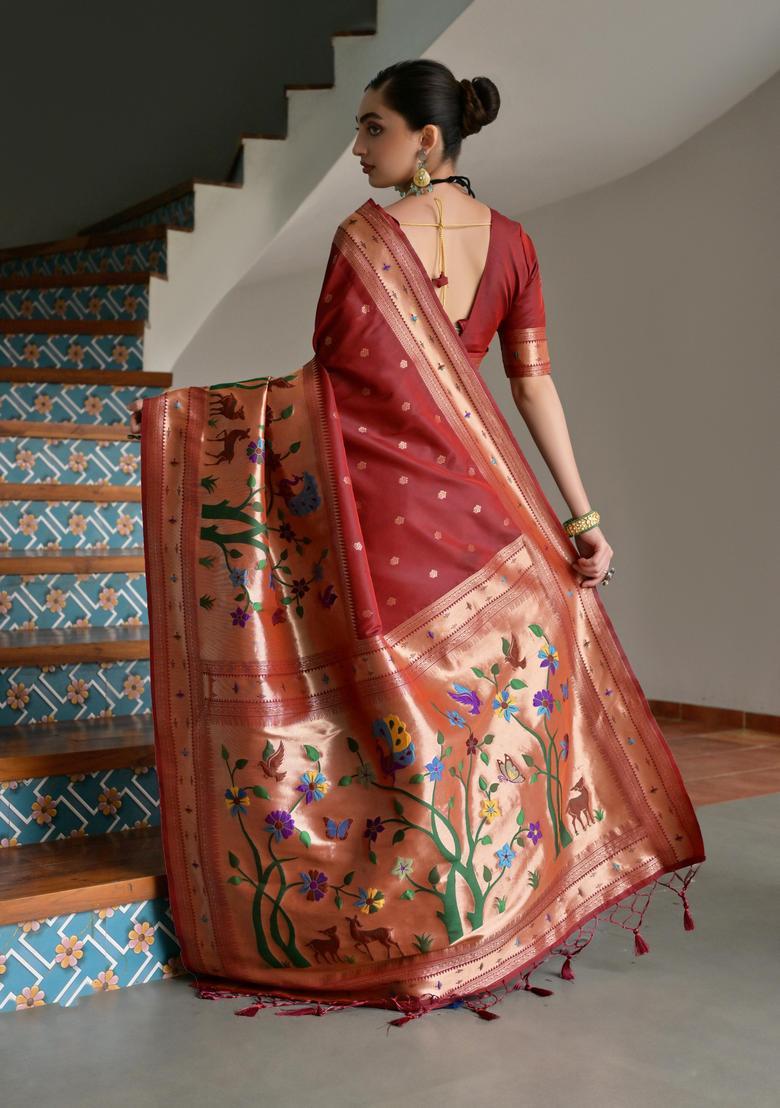 Brown Zari Work Silk Saree Set - Indya