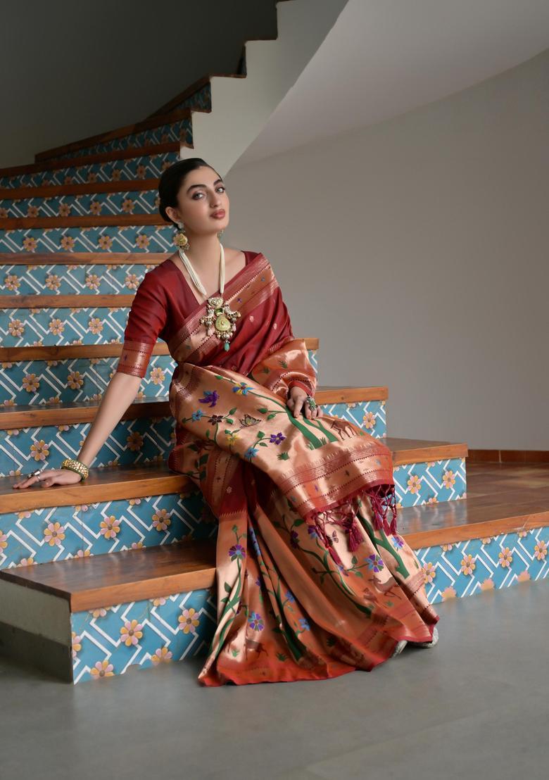 Brown Zari Work Silk Saree Set - Indya