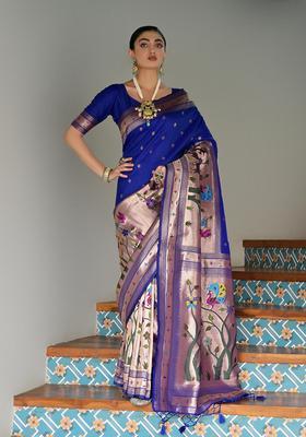 Royal Blue Zari Work Silk Saree Set