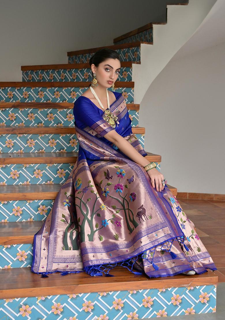 Royal Blue Zari Work Silk Saree Set - Indya