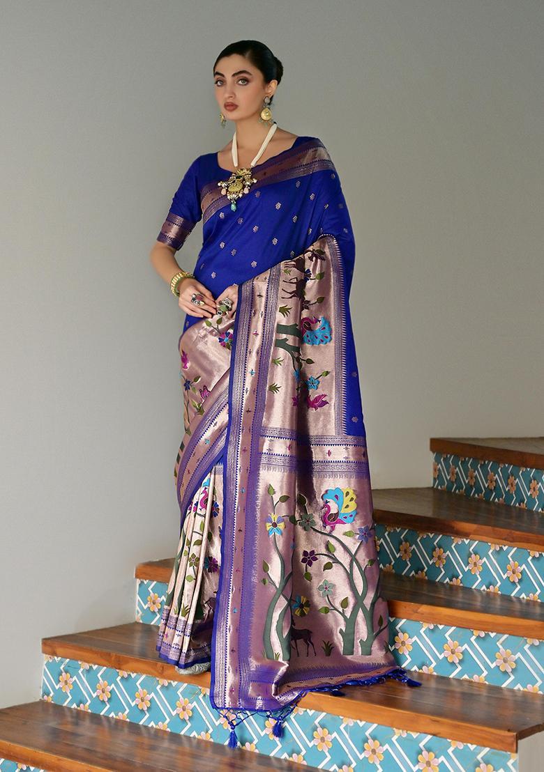 Royal Blue Zari Work Silk Saree Set - Indya