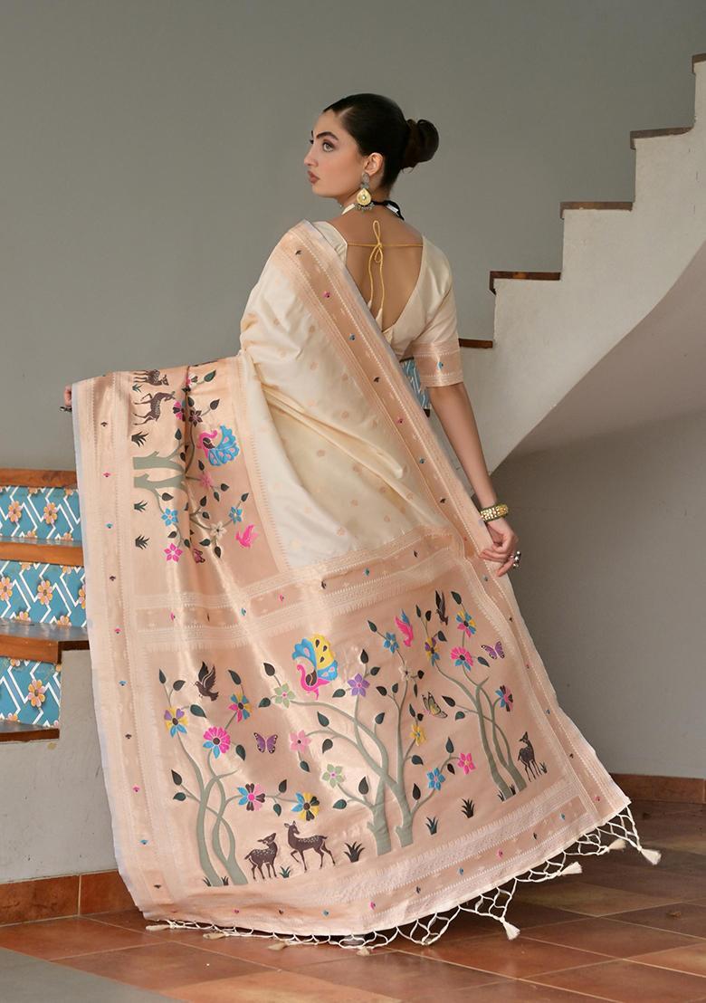 Off White Zari Work Silk Saree Set - Indya