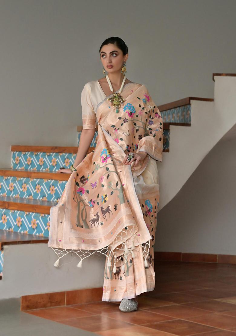 Off White Zari Work Silk Saree Set - Indya