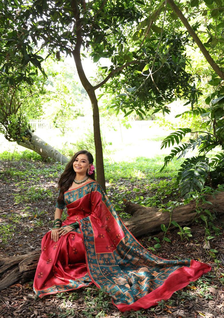 Maroon Printed Silk Saree Set - Indya