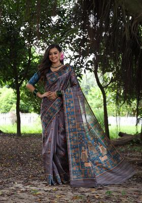 Grey Printed Silk Saree Set