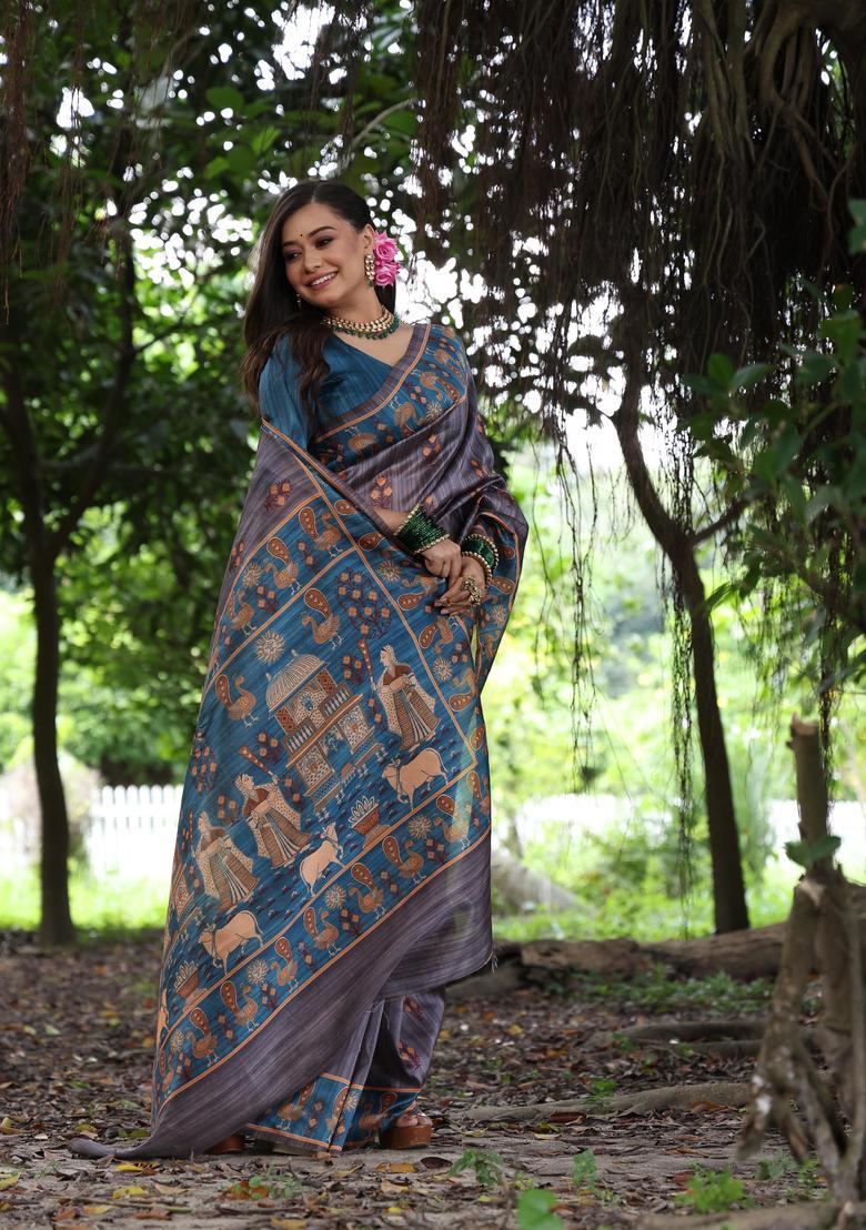 Grey Printed Silk Saree Set - Indya