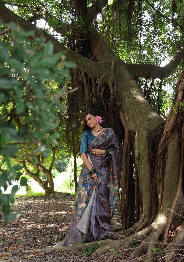 Grey Printed Silk Saree Set - Indya