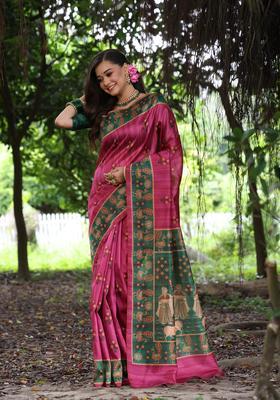 Pink Printed Silk Saree Set