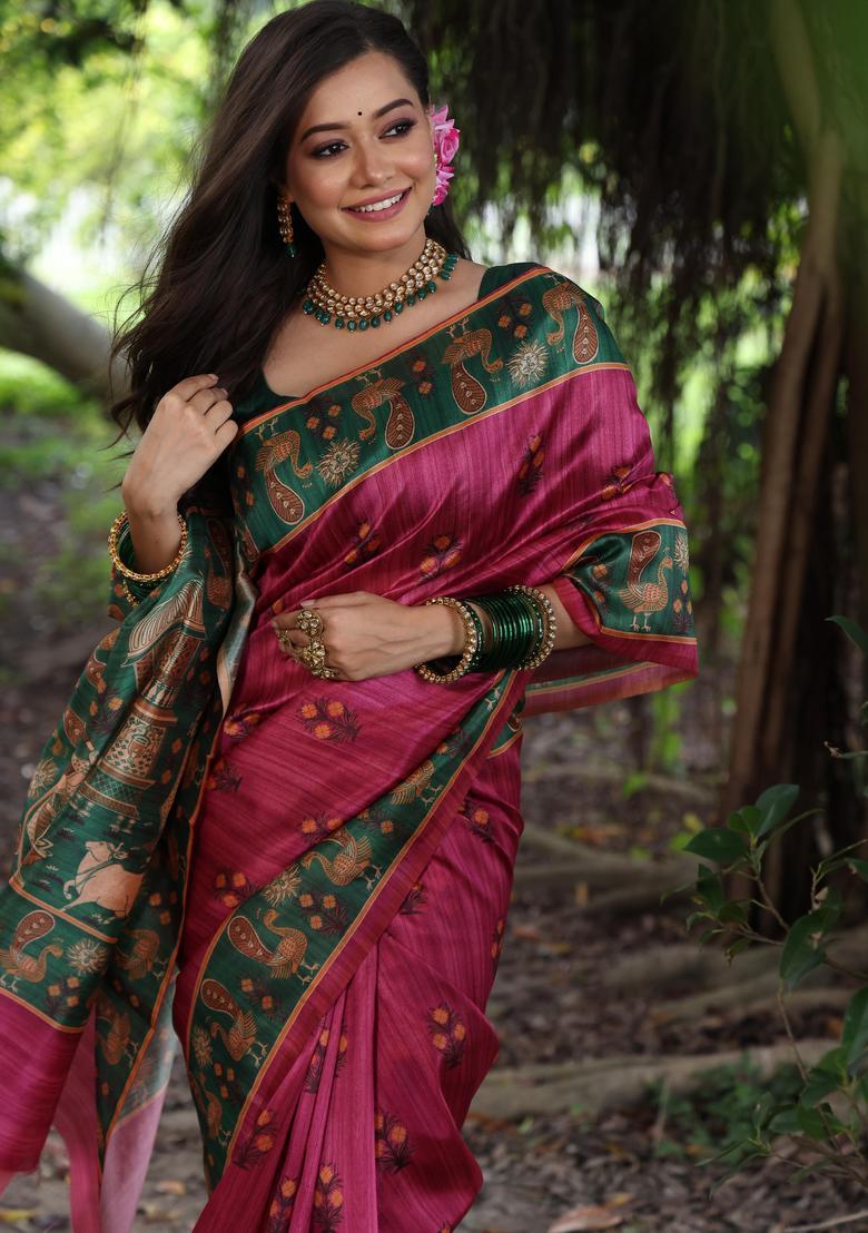 Pink Printed Silk Saree Set - Indya