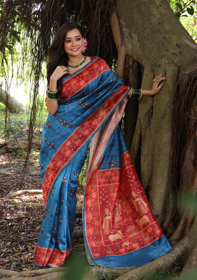 Blue Printed Silk Saree Set - Indya