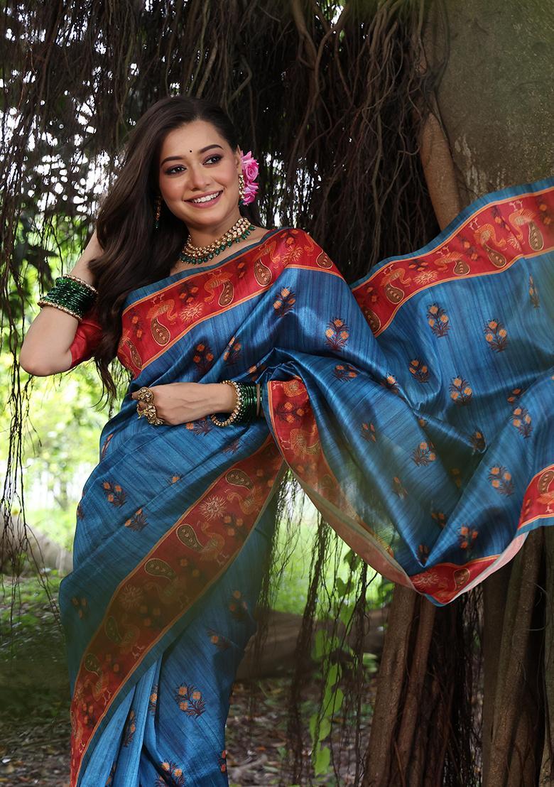 Blue Printed Silk Saree Set - Indya