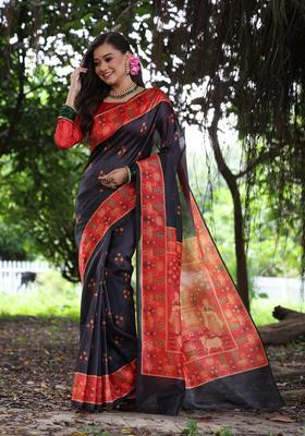 Black Printed Silk Saree Set