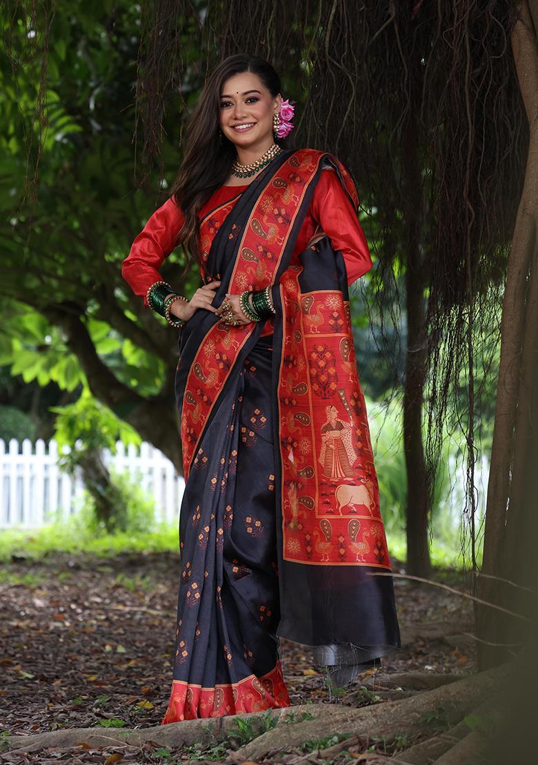 Black Printed Silk Saree Set - Indya