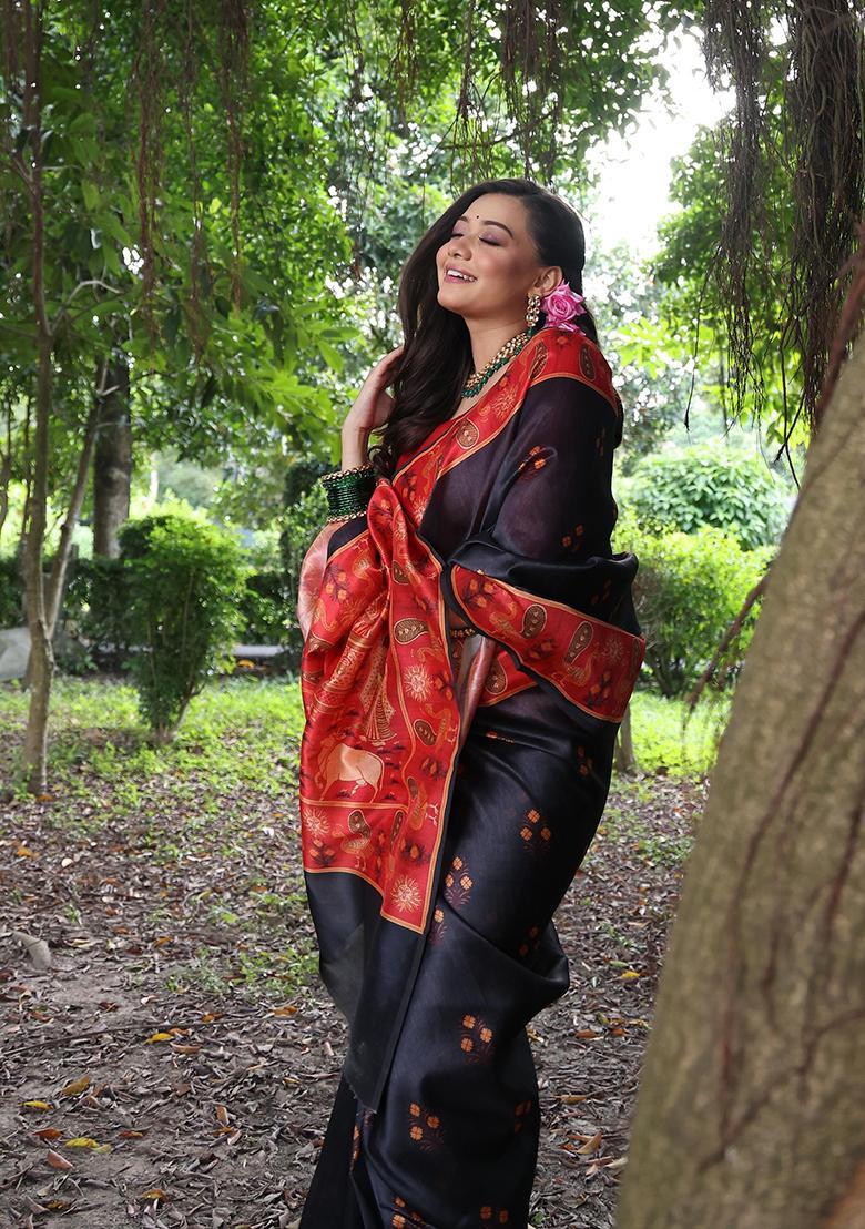 Black Printed Silk Saree Set - Indya
