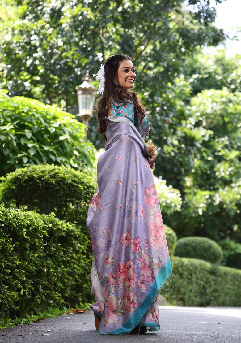 Purple Printed Silk Saree Set - Indya