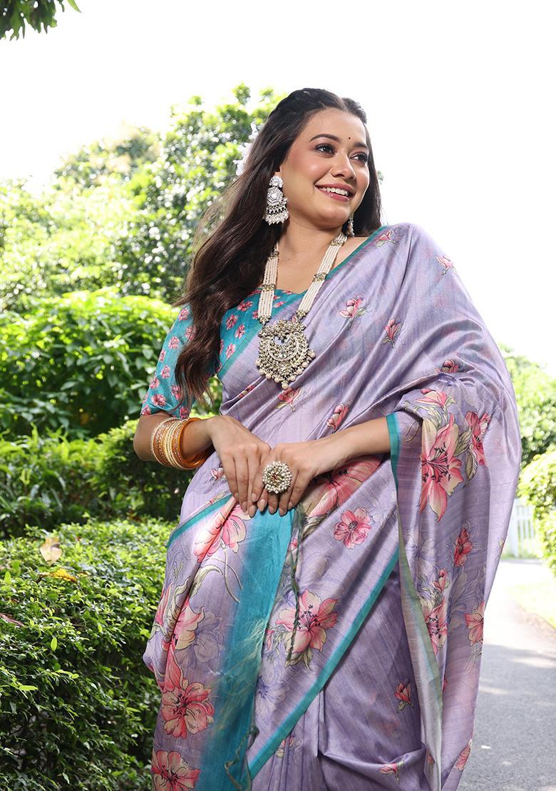 Purple Printed Silk Saree Set - Indya