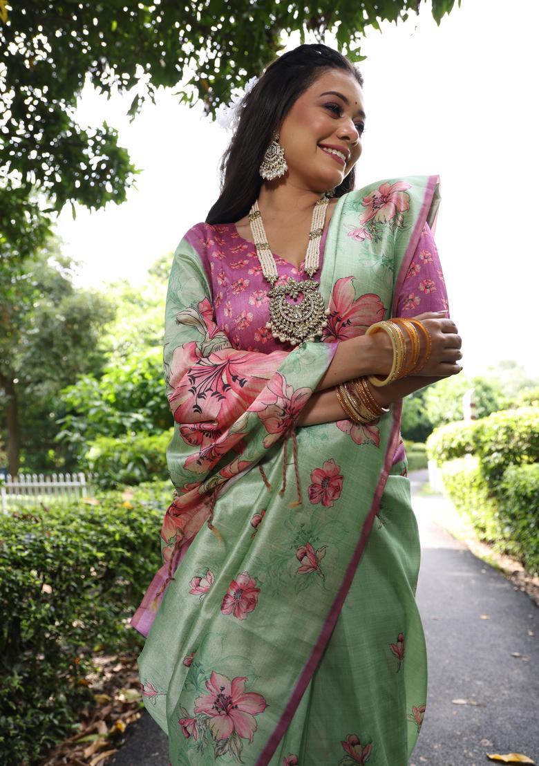 Green Printed Silk Saree Set - Indya