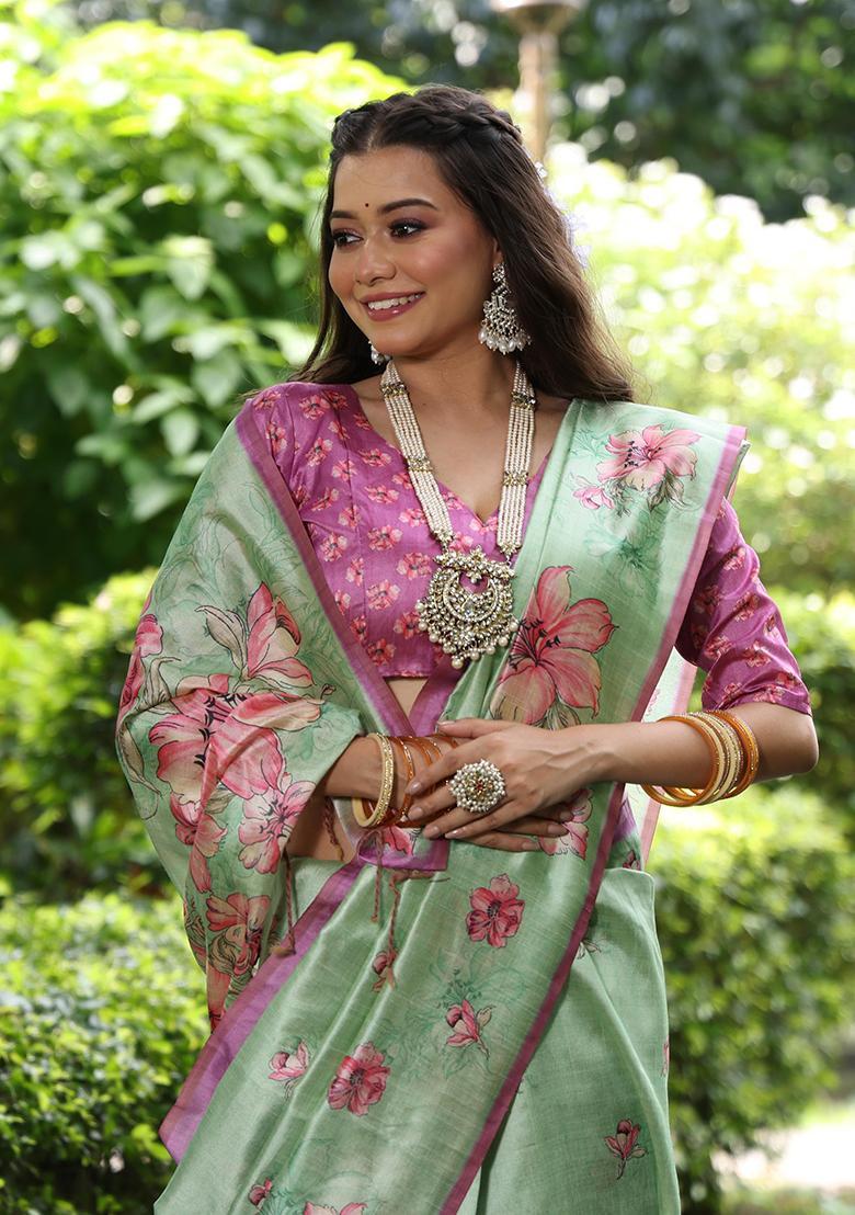 Green Printed Silk Saree Set - Indya
