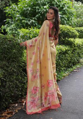 Yellow Printed Silk Saree Set
