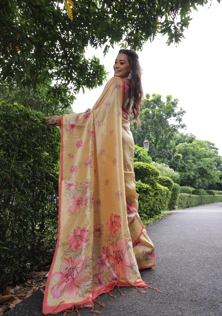Yellow Printed Silk Saree Set - Indya