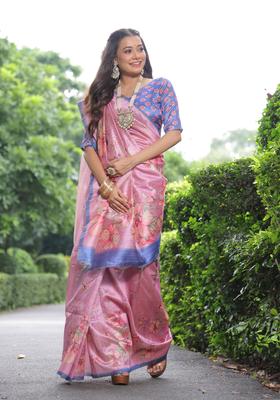 Pink Printed Silk Saree Set