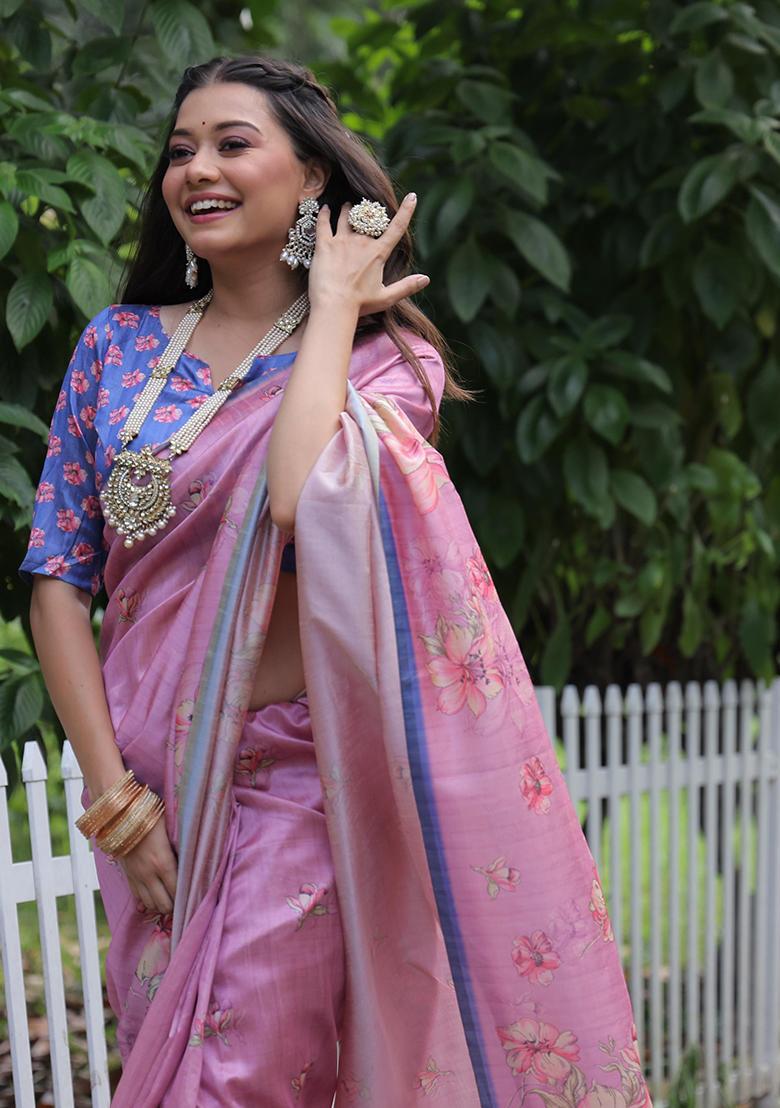 Pink Printed Silk Saree Set - Indya
