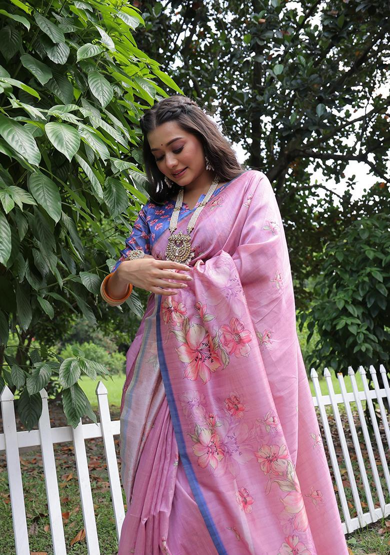 Pink Printed Silk Saree Set - Indya