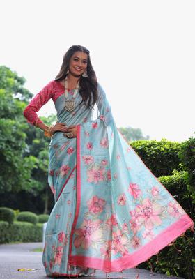 Sky Blue Printed Silk Saree Set