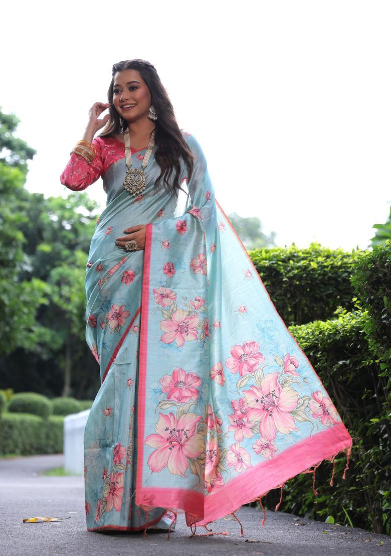 Sky Blue Printed Silk Saree Set - Indya