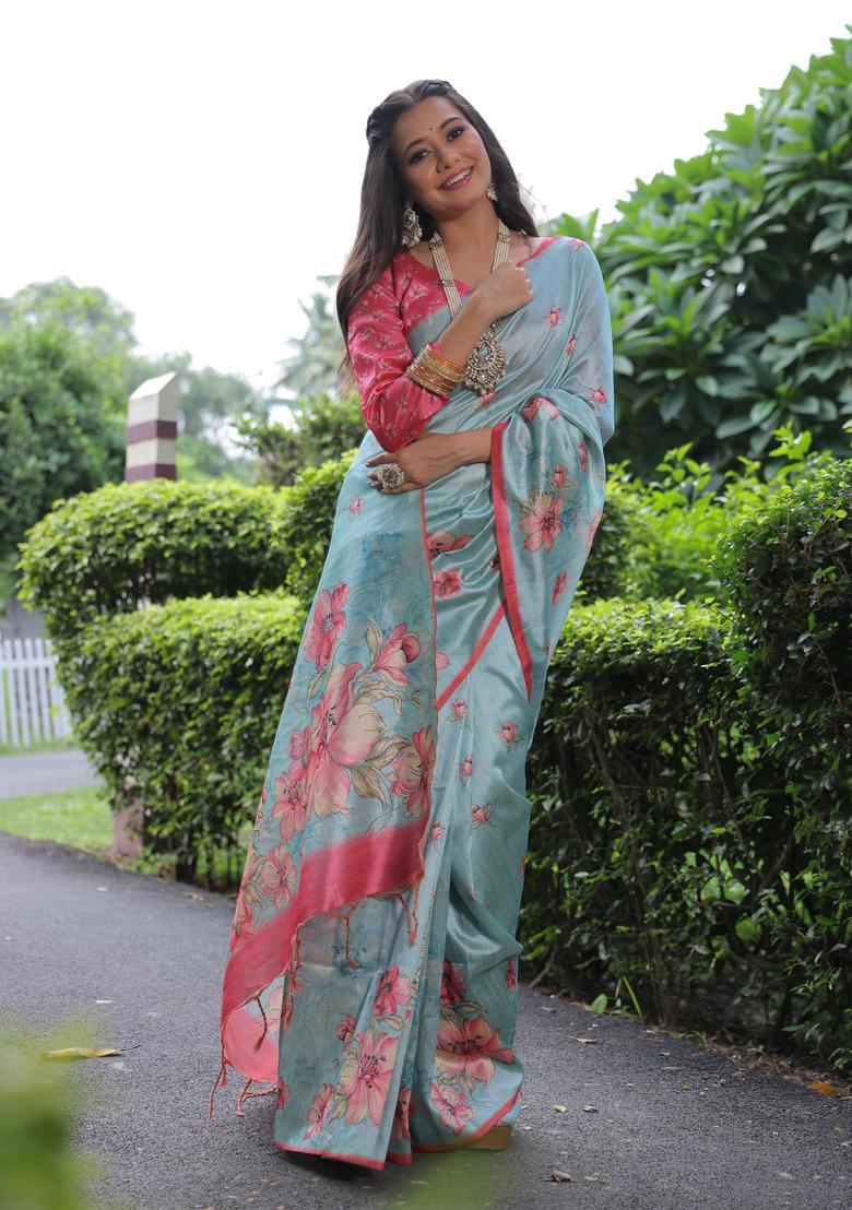 Sky Blue Printed Silk Saree Set - Indya