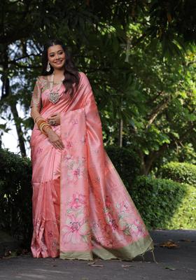 Peach Printed Silk Saree Set