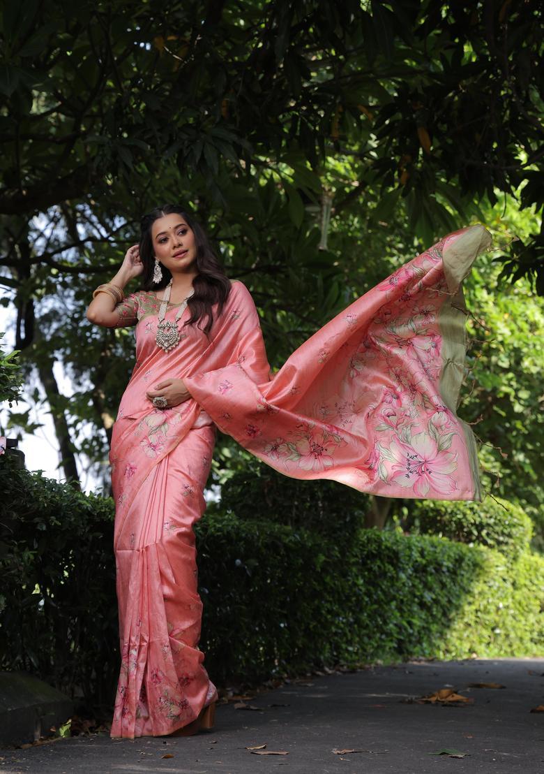 Peach Printed Silk Saree Set - Indya