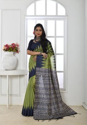 Green Printed Silk Saree Set